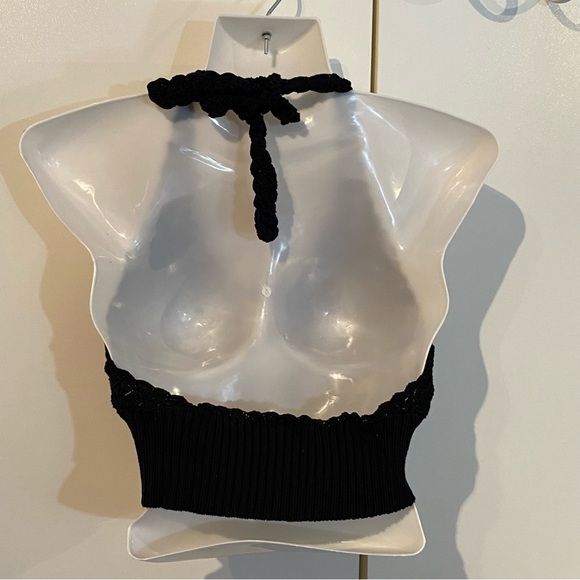 Black Crochet Knit Cropped Halter Top - Picture 4 of 16